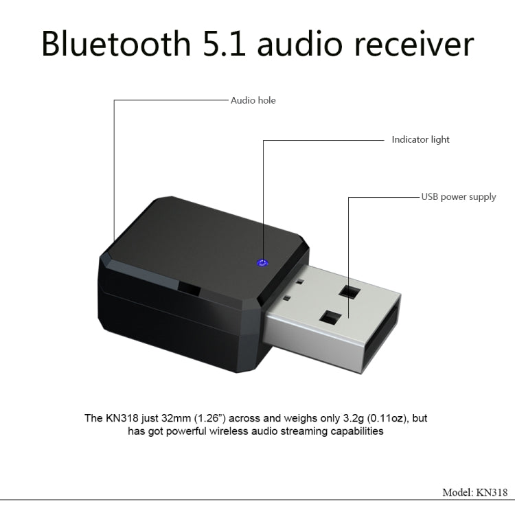 KN318 USB Bluetooth 5.1 Adapter Audio Receiver, KN318 KN318 USB Bluetooth 5.1 Adapter Audio Receiver, KN318